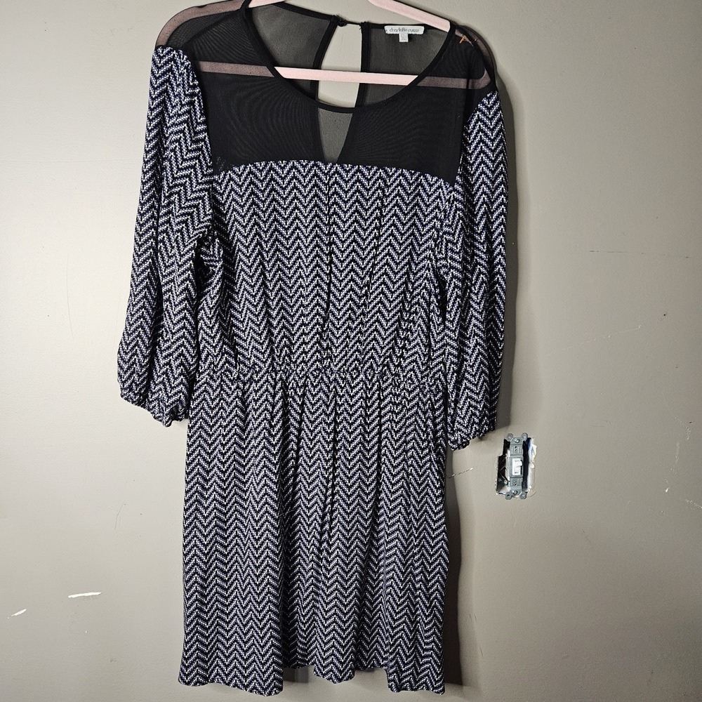 Charlotte Russe Fit & Flare Short Dress Chevron Black/White Sheer Yoke XL